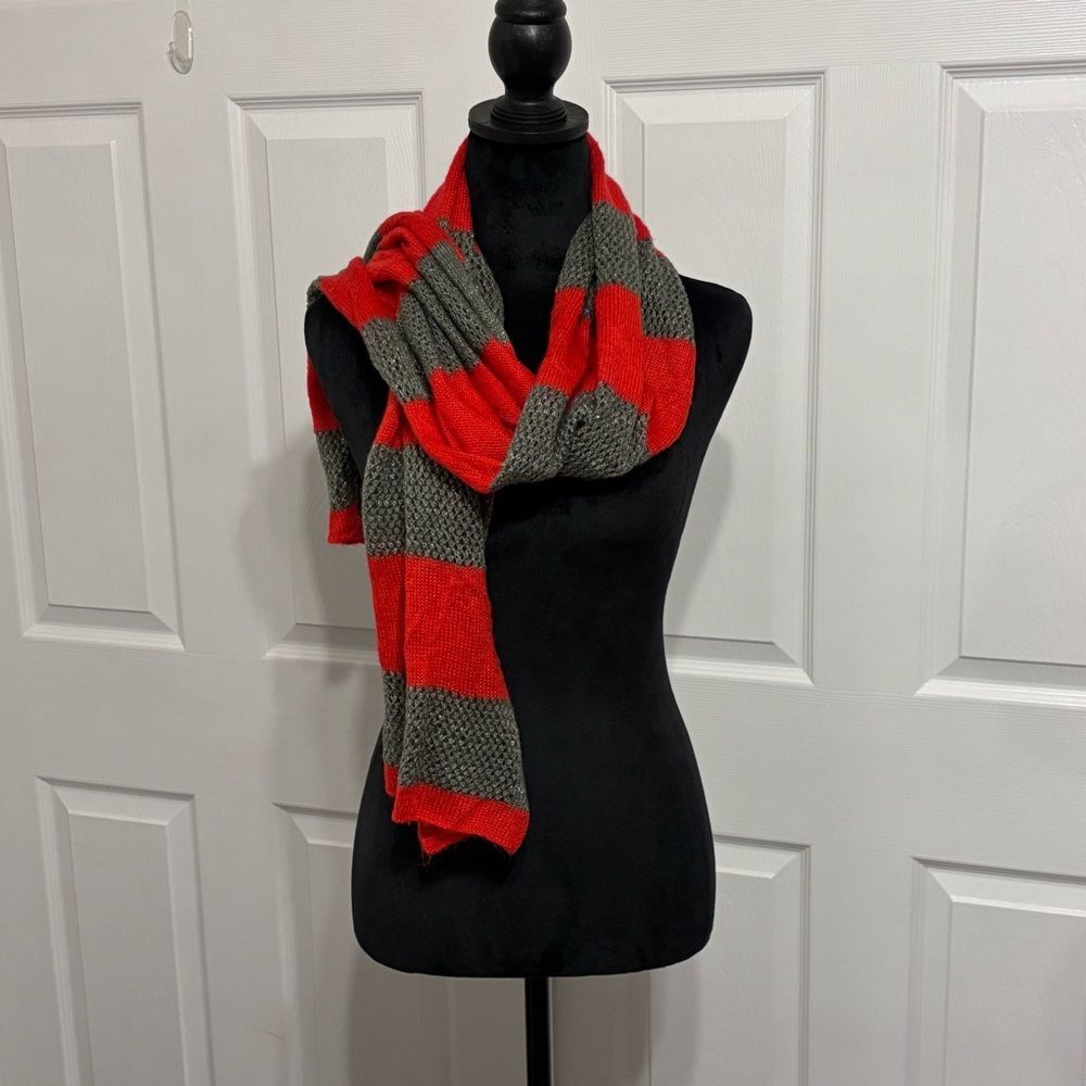 J. Jill Women's Red Gray Silver Sparkles Wide Striped Knit Head Neck Scarf Grey